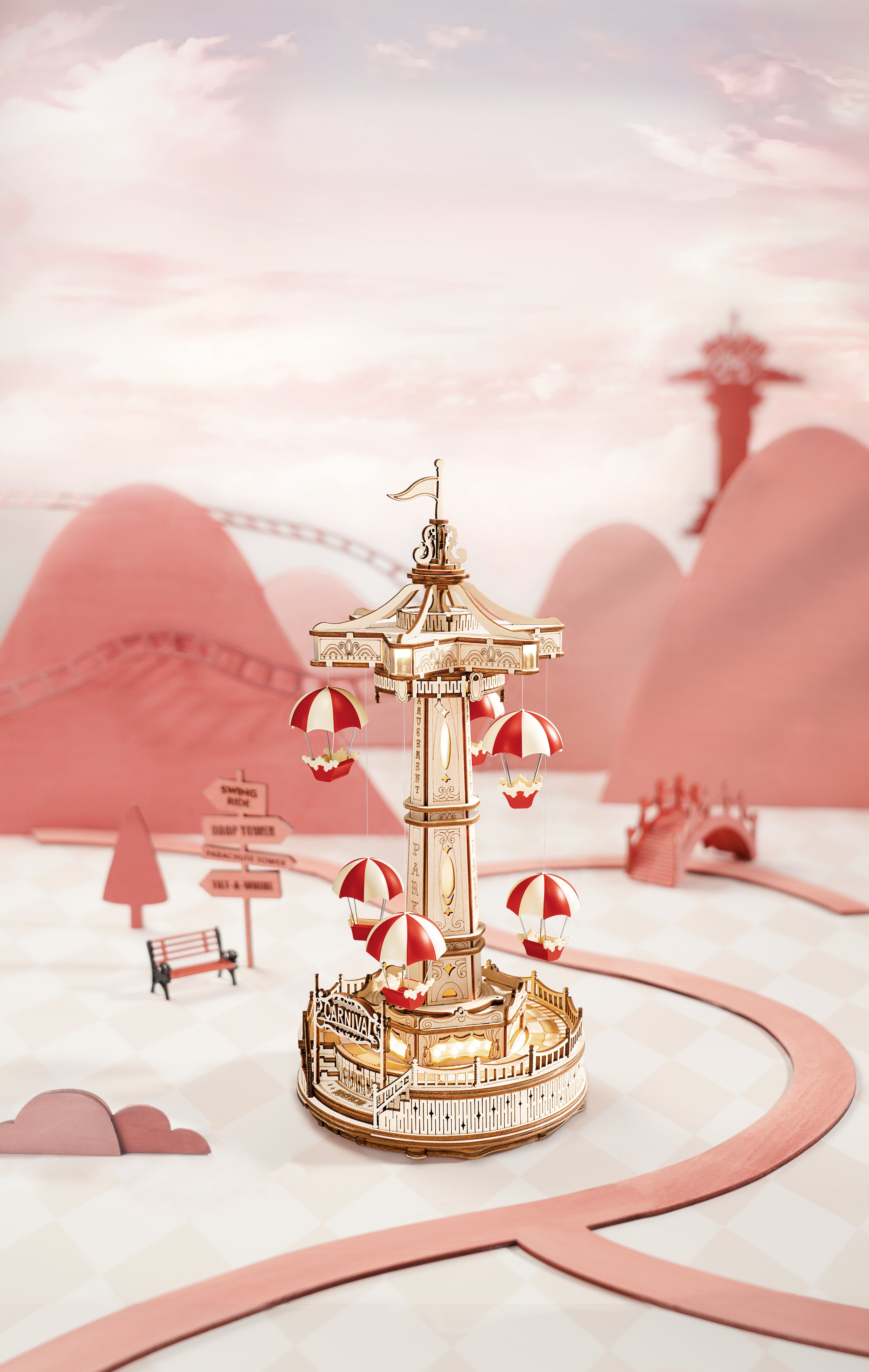 برج المنطاد - لعبة ديكور خشبية متحركة بإضاءة وموسيقى