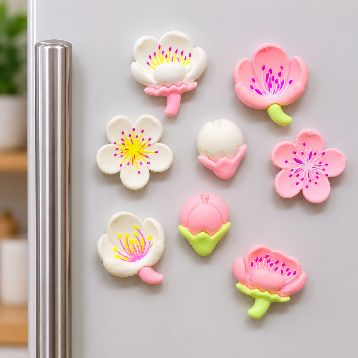 Light Pink and White Flower Fridge Magnet Set – 8 Pieces